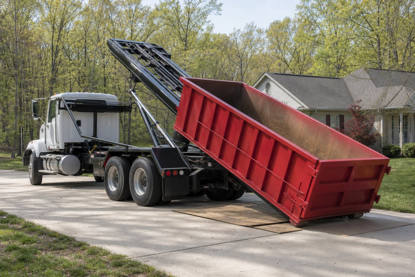 White roll-off truck lowering a red dumpster onto driveway protection boards