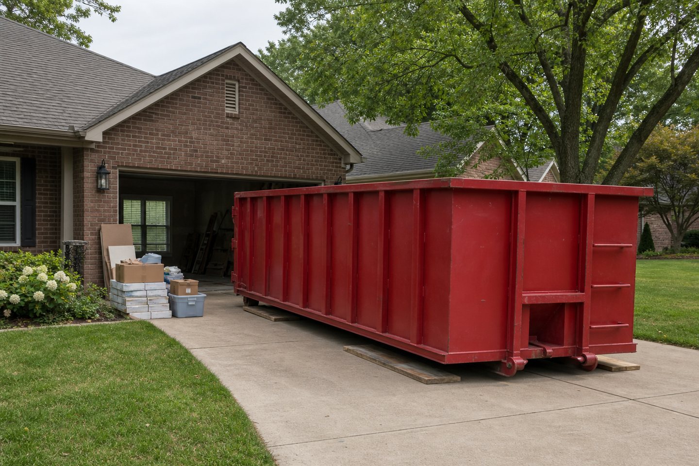Red roll-off dumpster placed on wood boards beside a suburban home cleanout