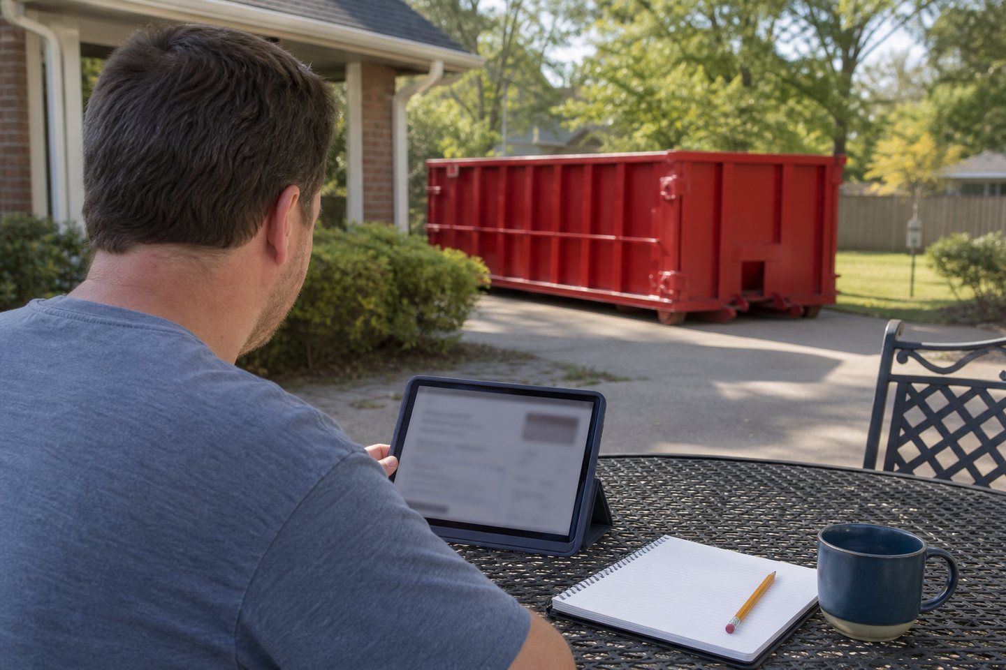 Homeowner reviewing a rental estimate on a tablet with a red roll-off dumpster nearby