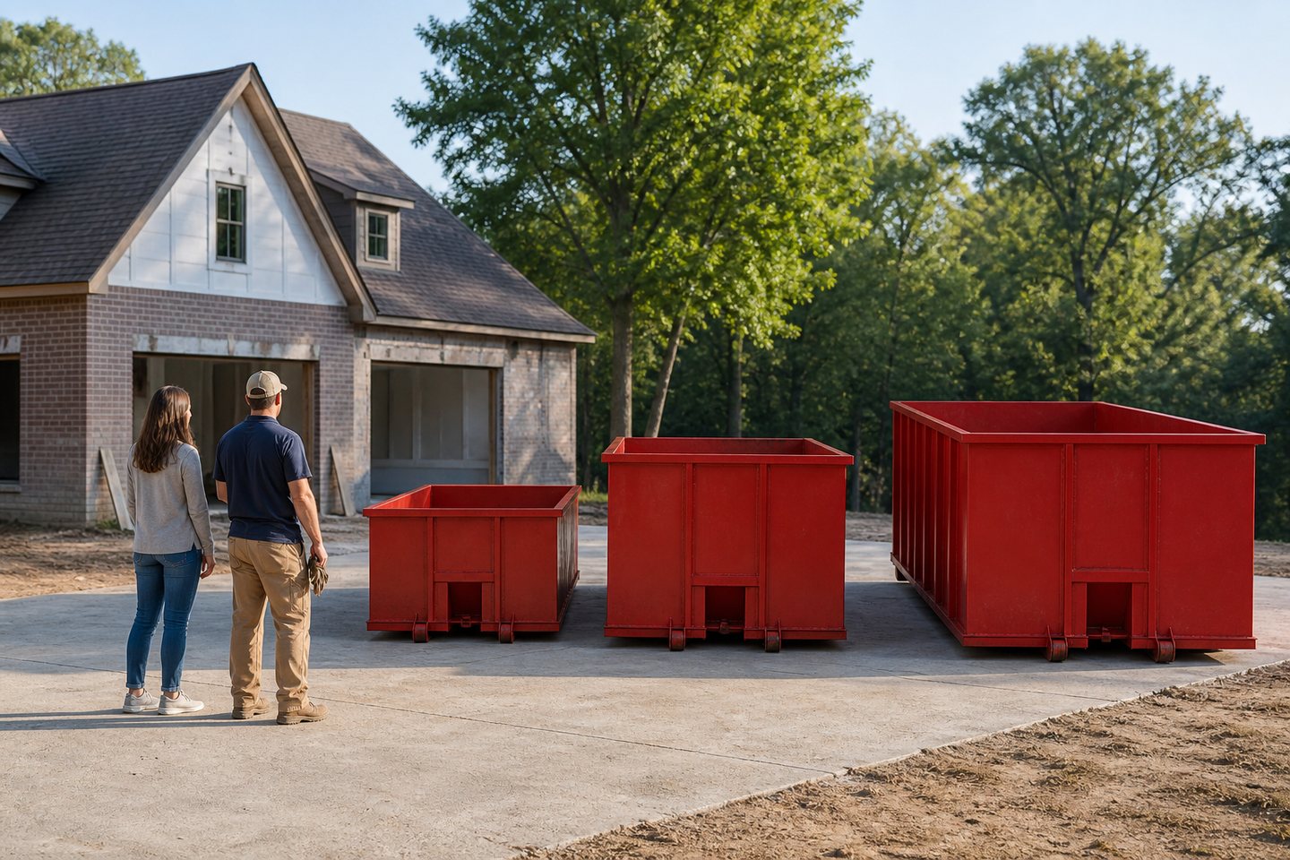 Homeowner and contractor comparing three red roll-off dumpster sizes at a residential project