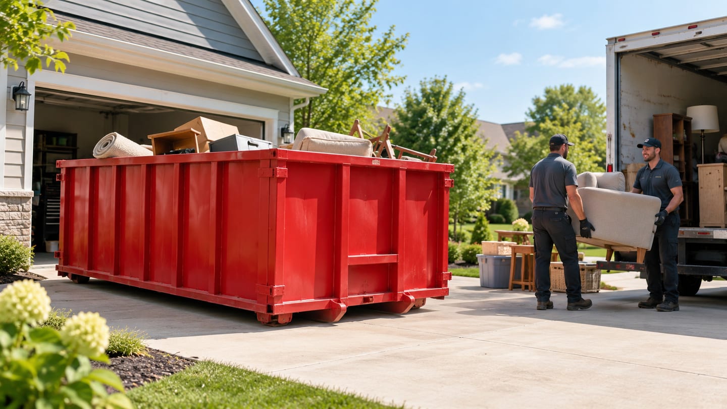 Roll-off dumpster and junk removal crew during a residential home cleanout