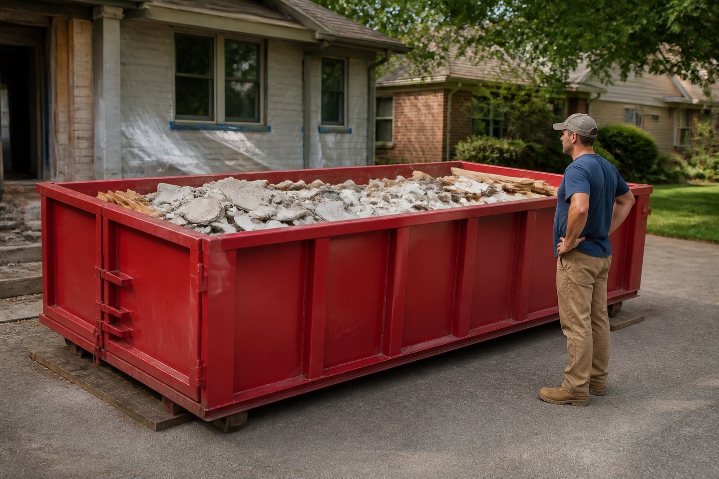 Renovation debris loaded below the rim of a red roll-off dumpster
