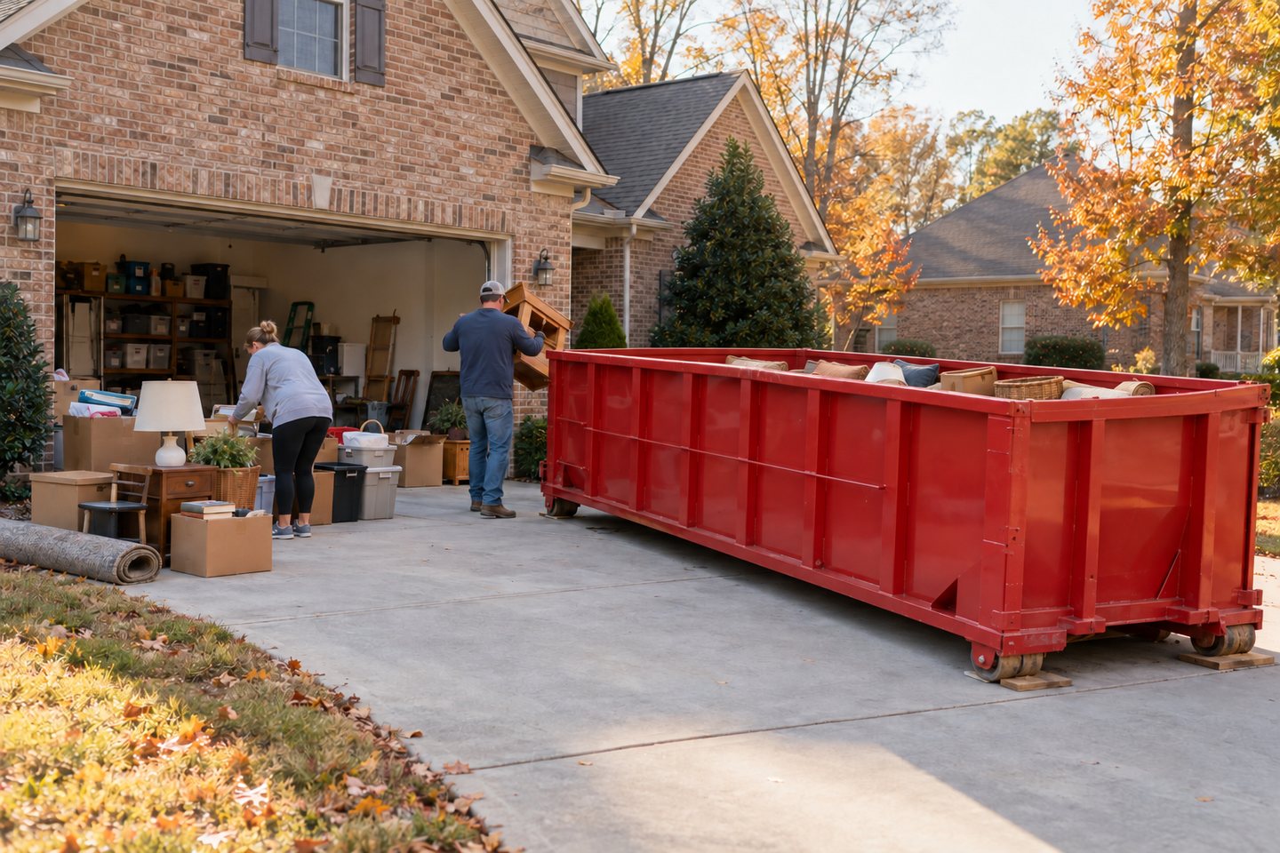 Family sorting household items beside a red roll-off dumpster during a fall home cleanout