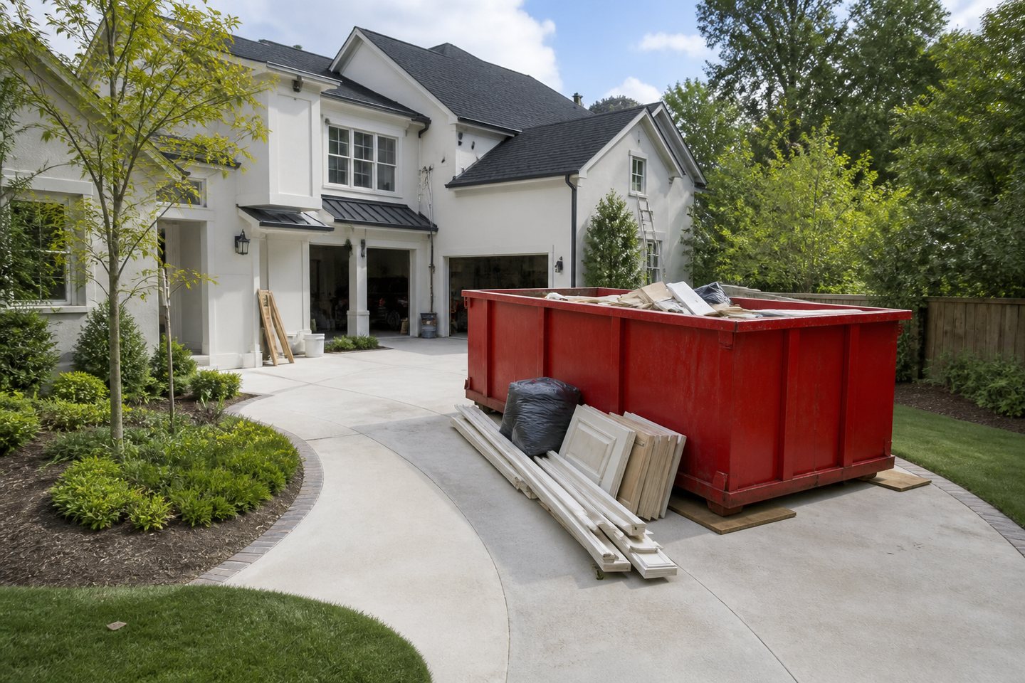 Red roll-off dumpster positioned on a curved driveway during a home renovation