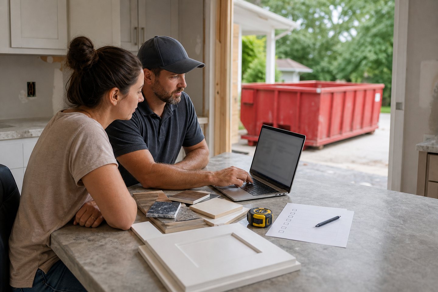 Homeowner and contractor reviewing a renovation estimate with a dumpster outside