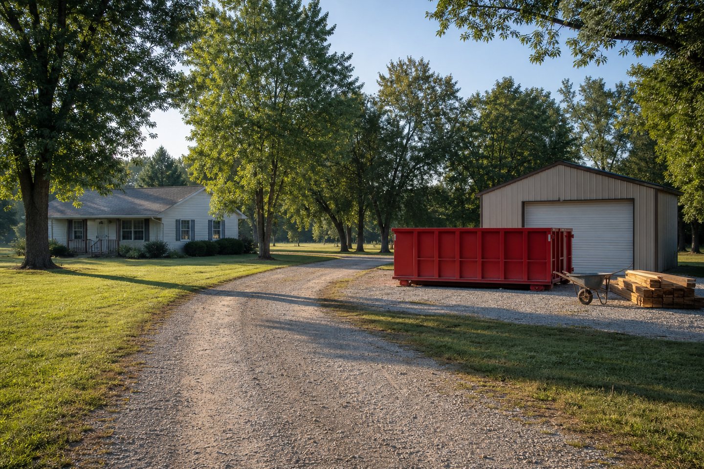Red roll-off dumpster beside a workshop with a clear gravel driveway approach