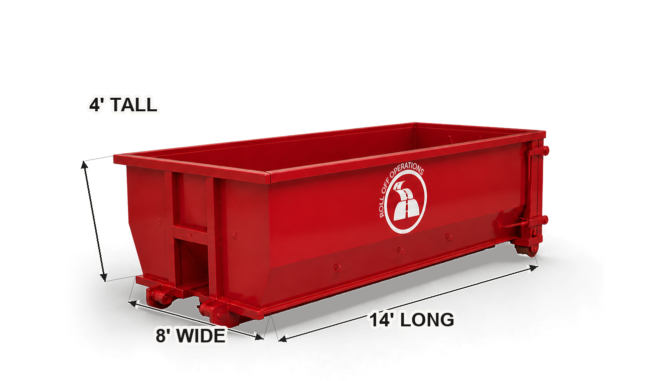 15-yard Roll Off Operations dumpster with labeled dimensions for side-by-side comparison