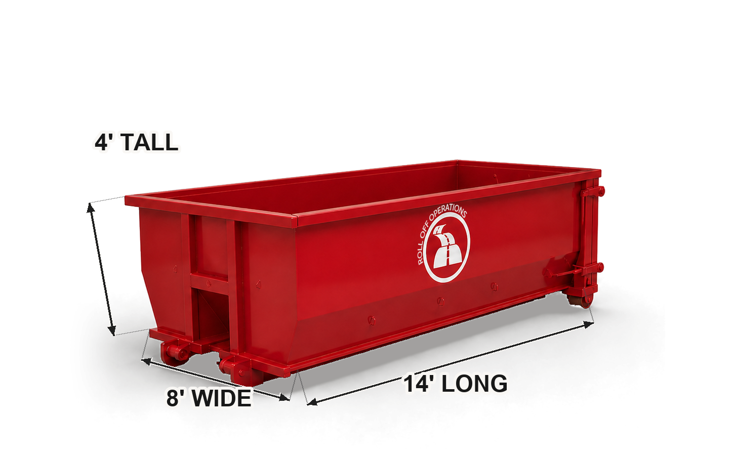 15-yard Roll Off Operations dumpster with labeled dimensions for product detail