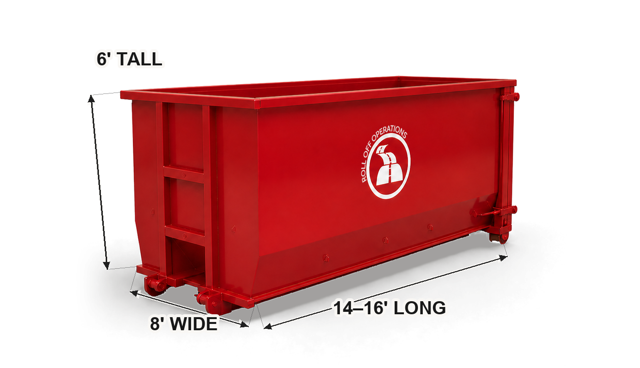 20-yard Roll Off Operations dumpster with labeled dimensions for side-by-side comparison