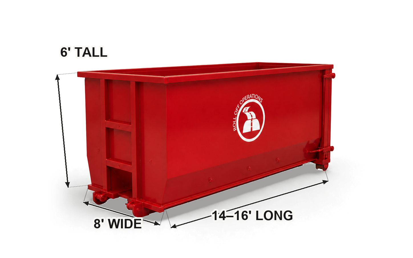 20-yard Roll Off Operations dumpster with labeled dimensions for product detail