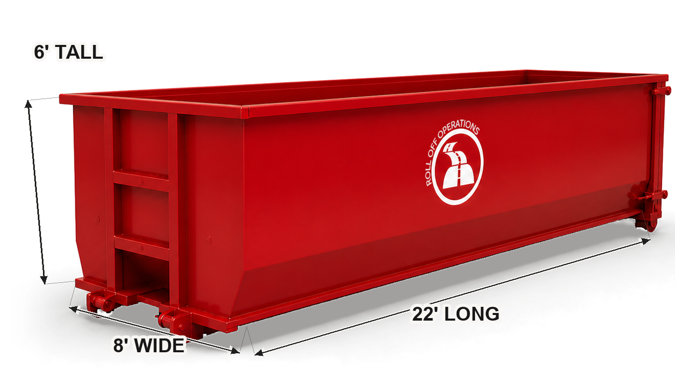 30-yard Roll Off Operations dumpster with labeled dimensions for side-by-side comparison