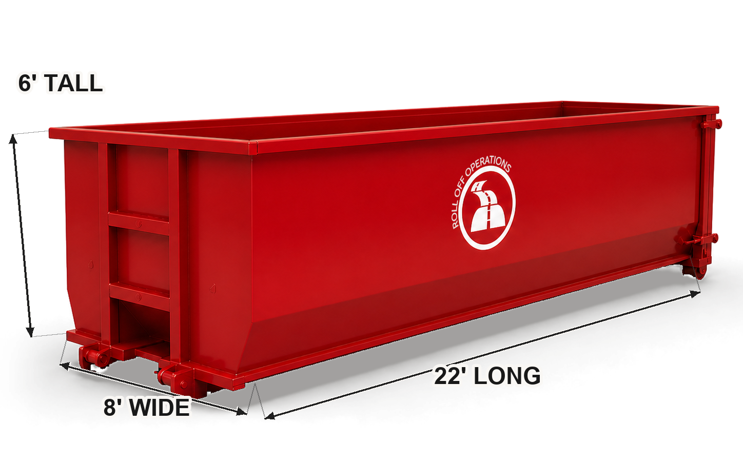 30-yard Roll Off Operations dumpster with labeled dimensions for product detail